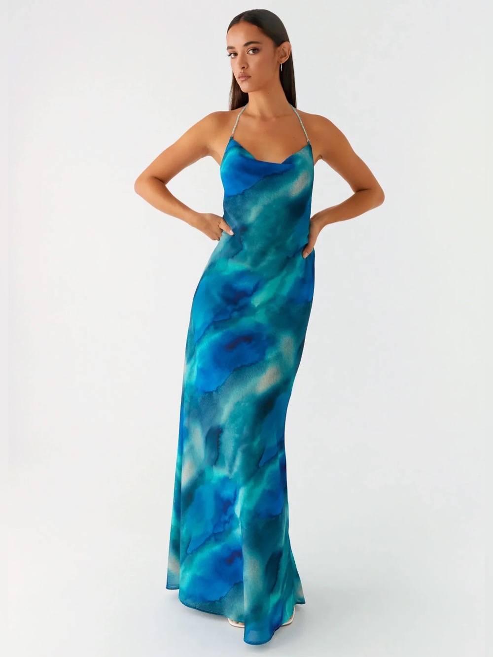 NWT JOURNEY MAXI DRESS WATER COLOR Blue Slip CRYSTAL COWL OPEN BACK SABO 12th